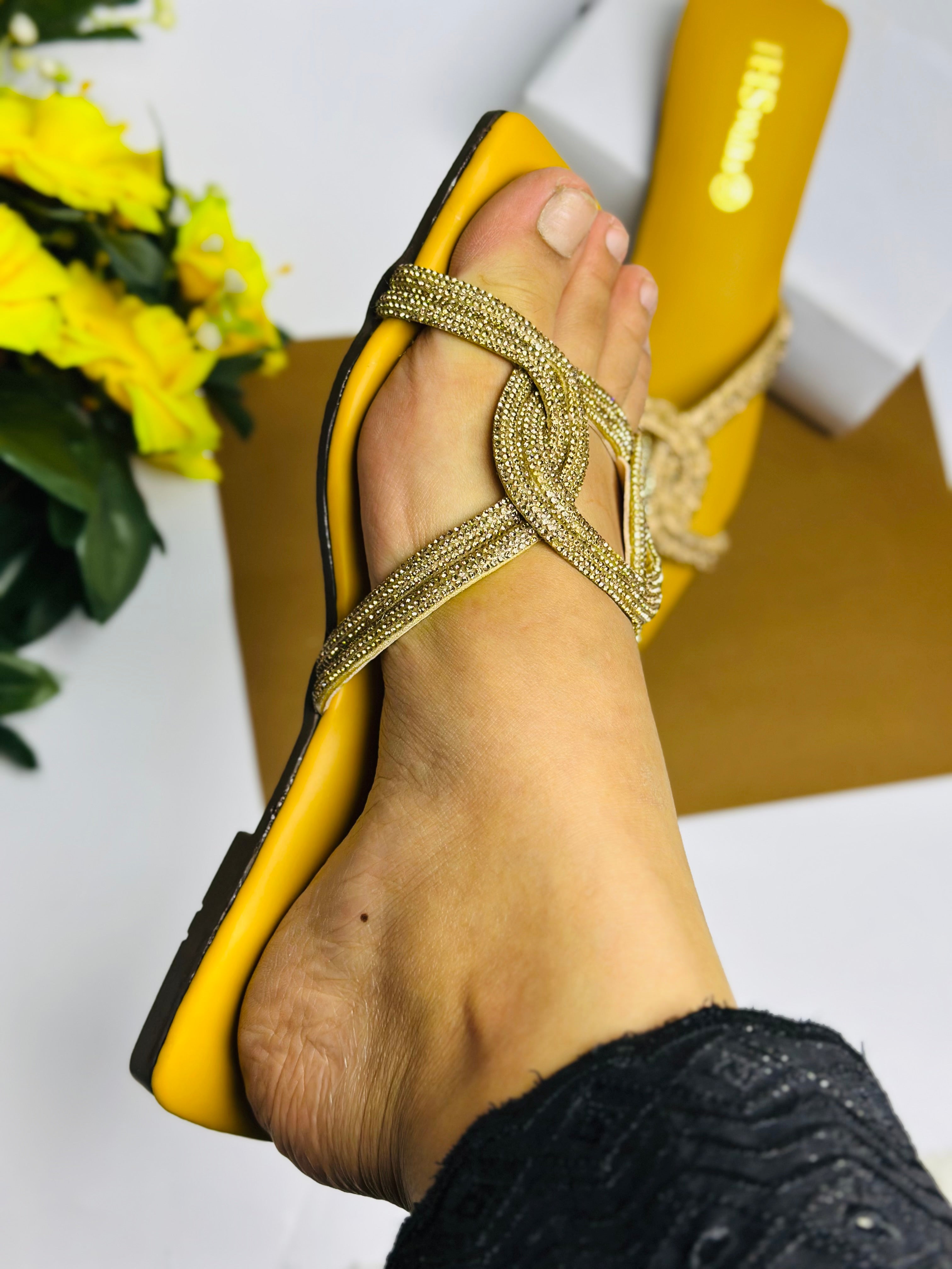 Mustard Glam Stone Party Slippers