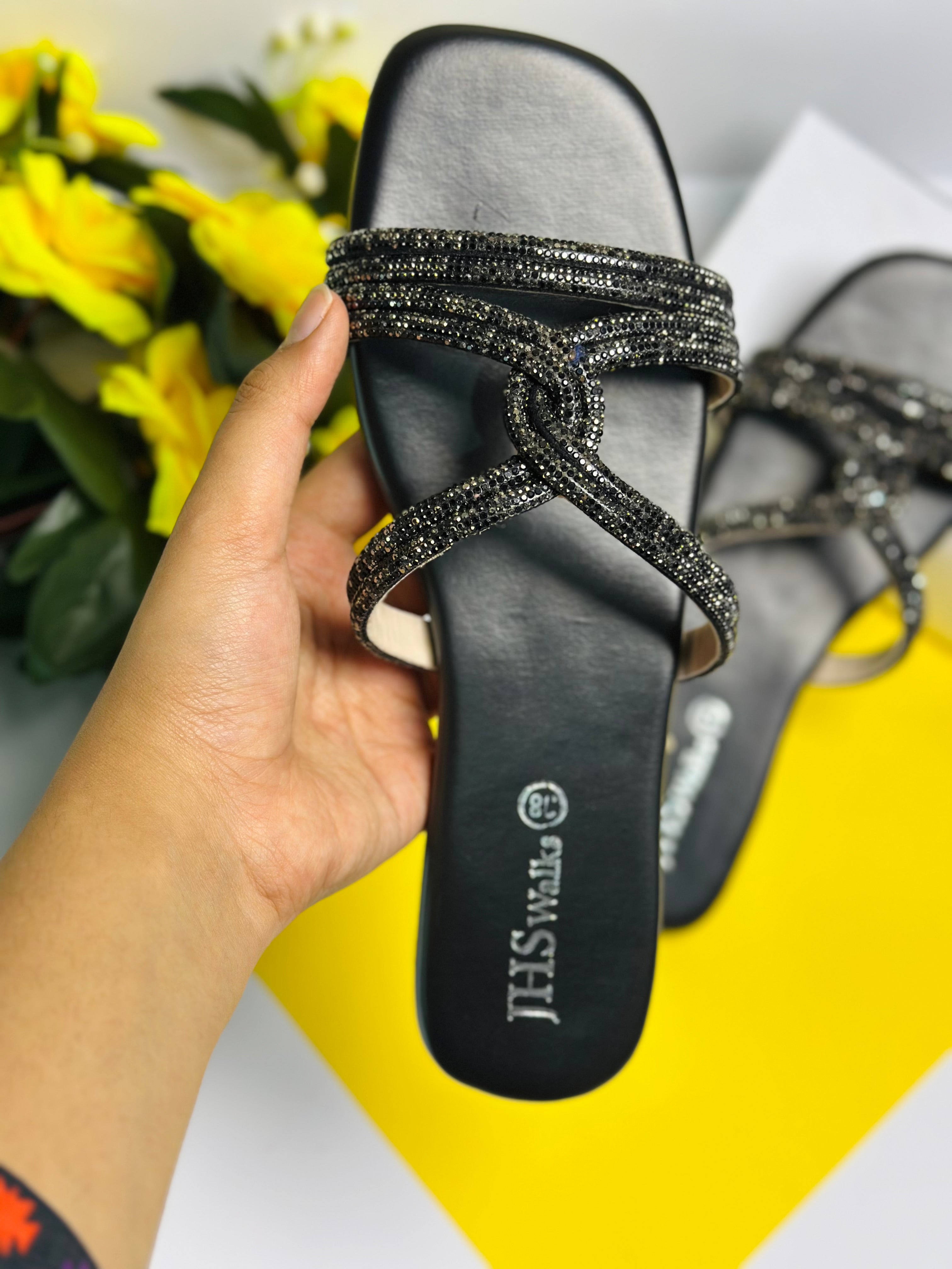Black Beaded Flat Sandals