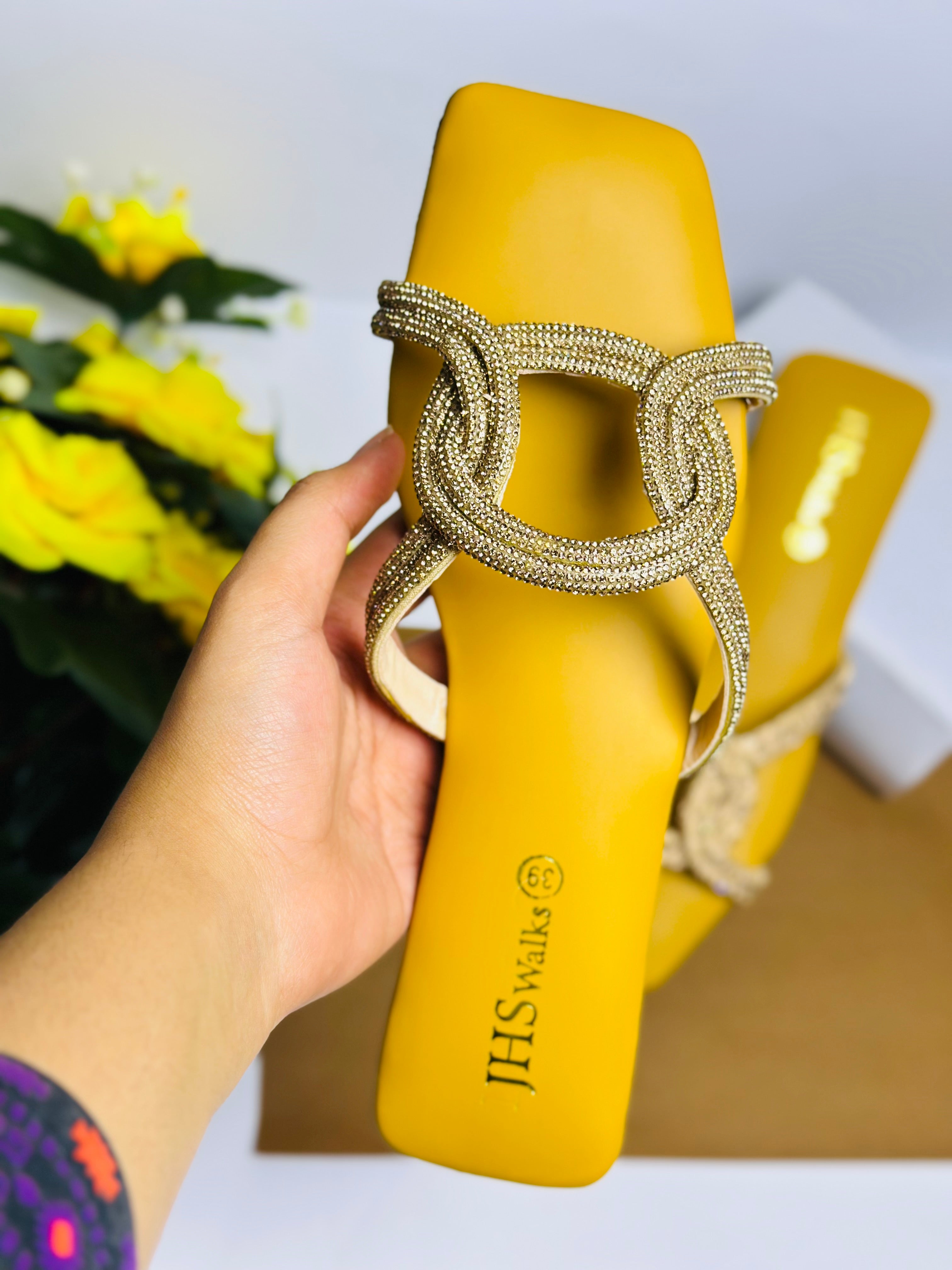 Mustard Glam Stone Party Slippers