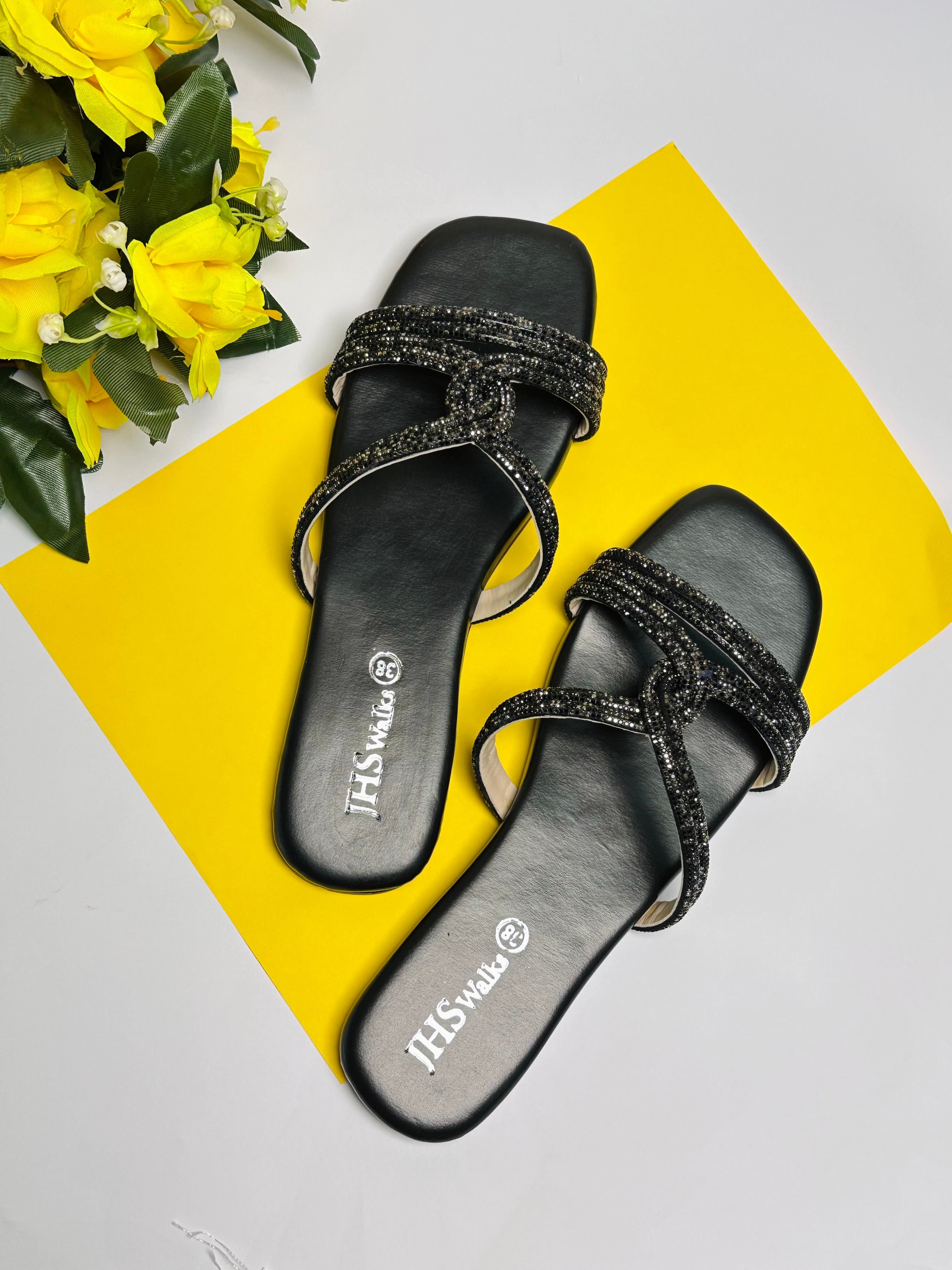 Black Beaded Flat Sandals