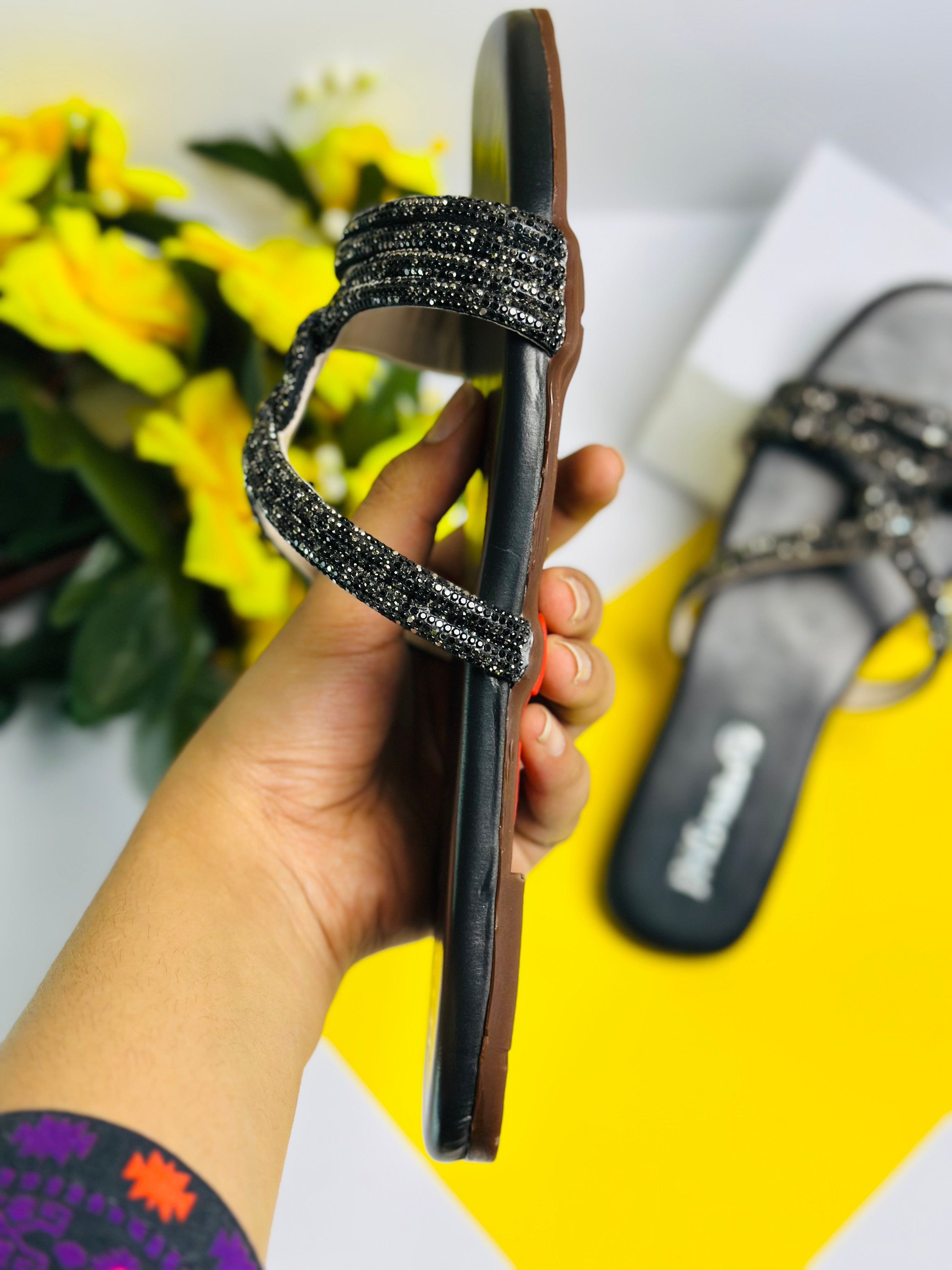 Black Beaded Flat Sandals