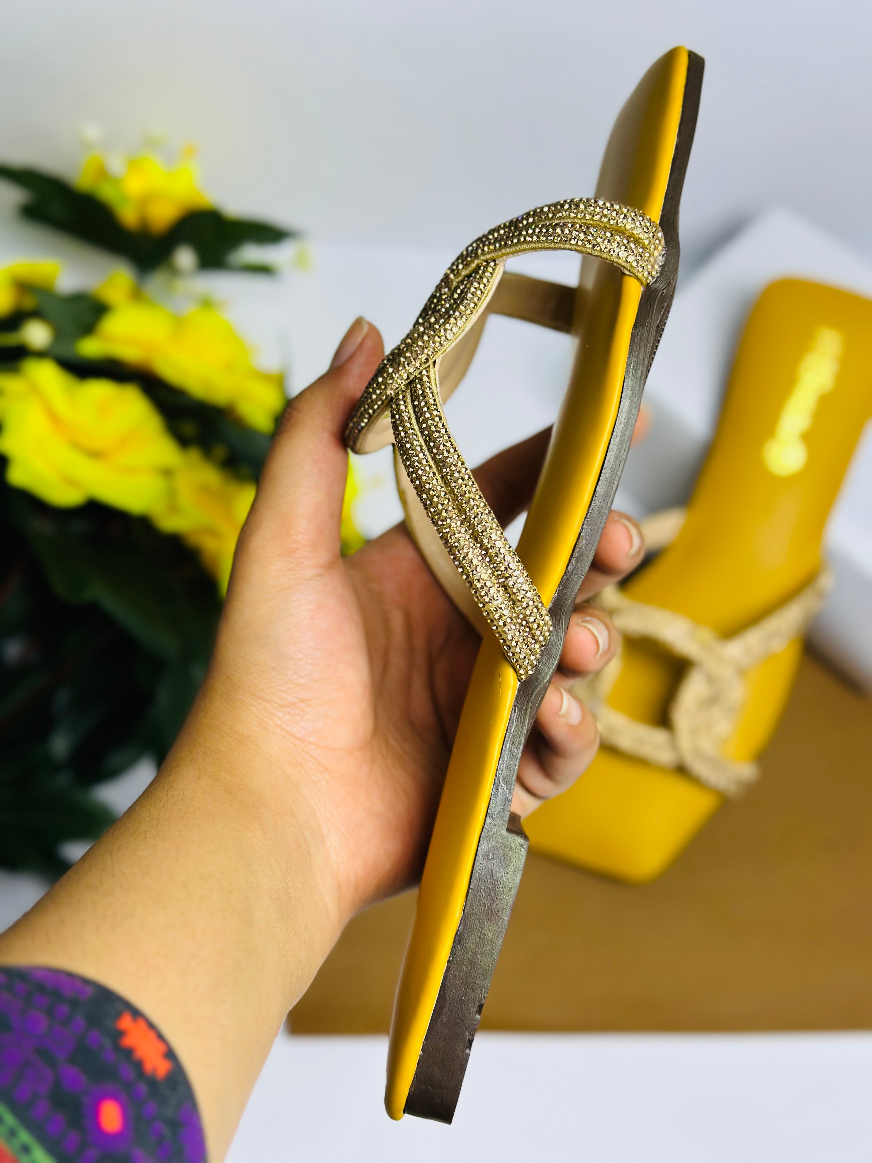 Mustard Glam Stone Party Slippers