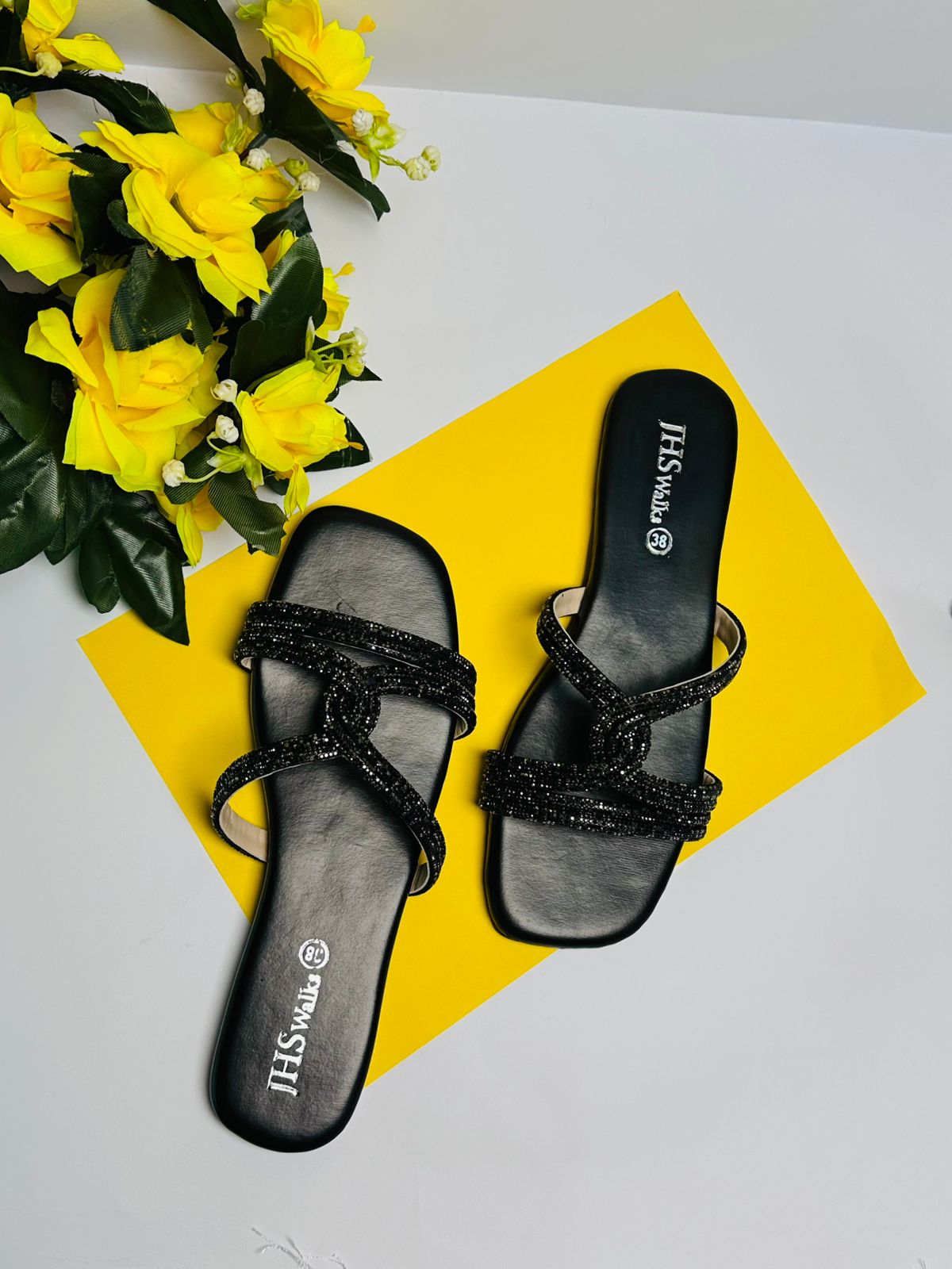 Black Beaded Flat Sandals